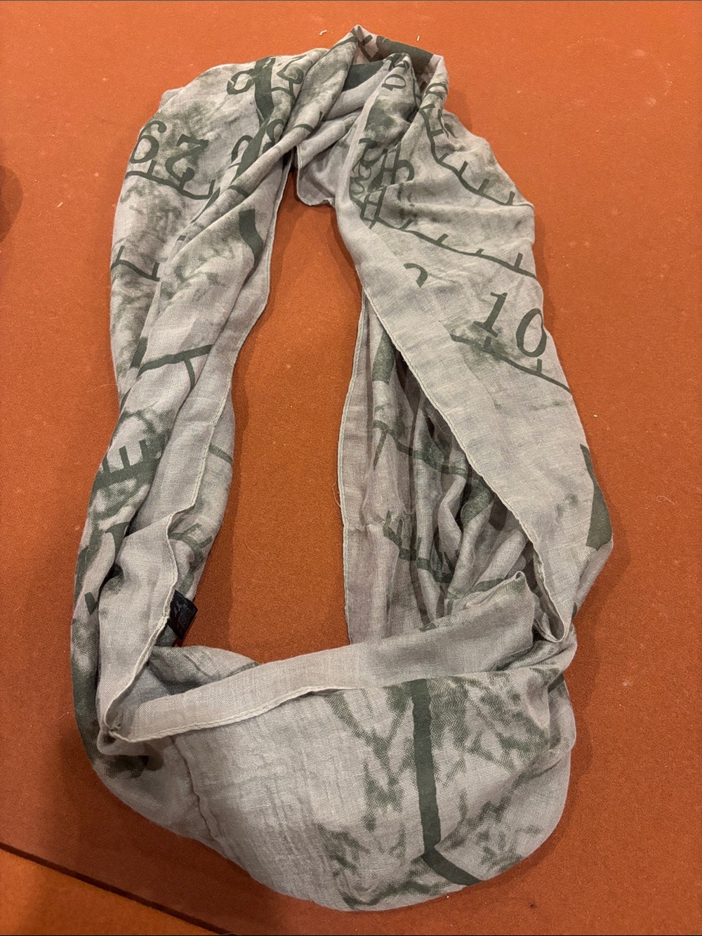 Light Gray Infinity Scarf with Olive Green Print